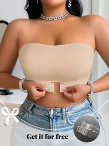 Women's plus size strapless bandeau vest bra, Chic, side pull & front closure, wire-free, seamless thin padding, breathable mesh, wide side for underarm coverage, sizes XL-4XL, all-season daily & special occasion wear, includes free transparent straps