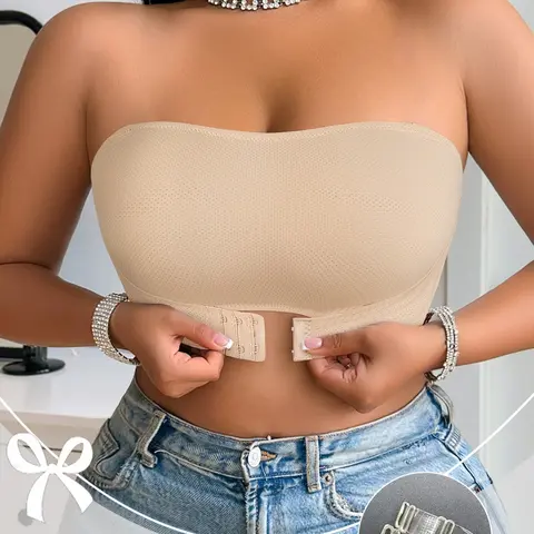 Women's plus size strapless bandeau vest bra, side pull & front closure, wire-free, seamless thin padding breathable mesh, wide side for underarm coverage, sizes XL-4XL, all-season everyday daily & special occasion wear, includes free transparent straps
