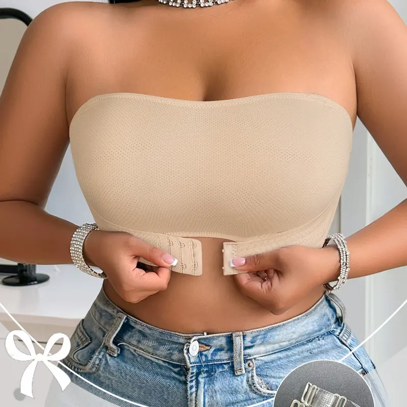 Women's plus size strapless bandeau vest bra, side pull & front closure, wire-free, seamless thin padding breathable mesh, wide side for underarm coverage, sizes XL-4XL, all-season everyday daily & special occasion wear, includes free transparent straps