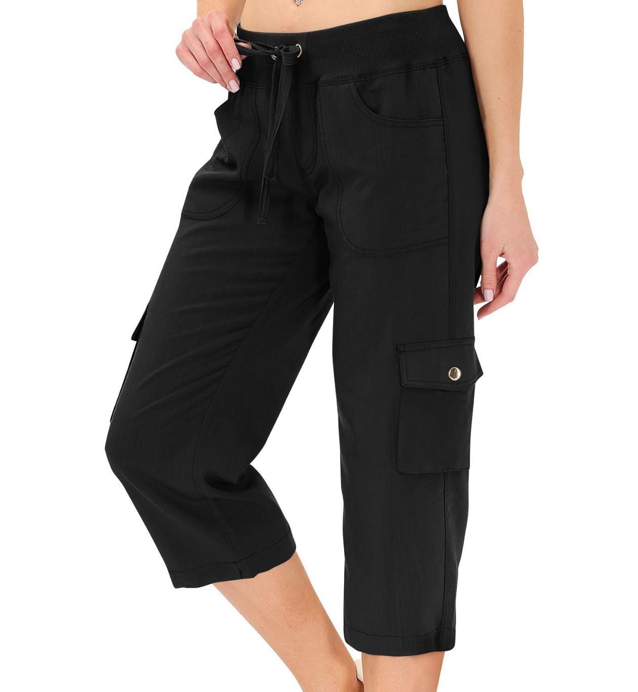 Solid Color Drawstring Fitness Running Cargo Pants With Pockets, Patchwork Design, Cropped Pants