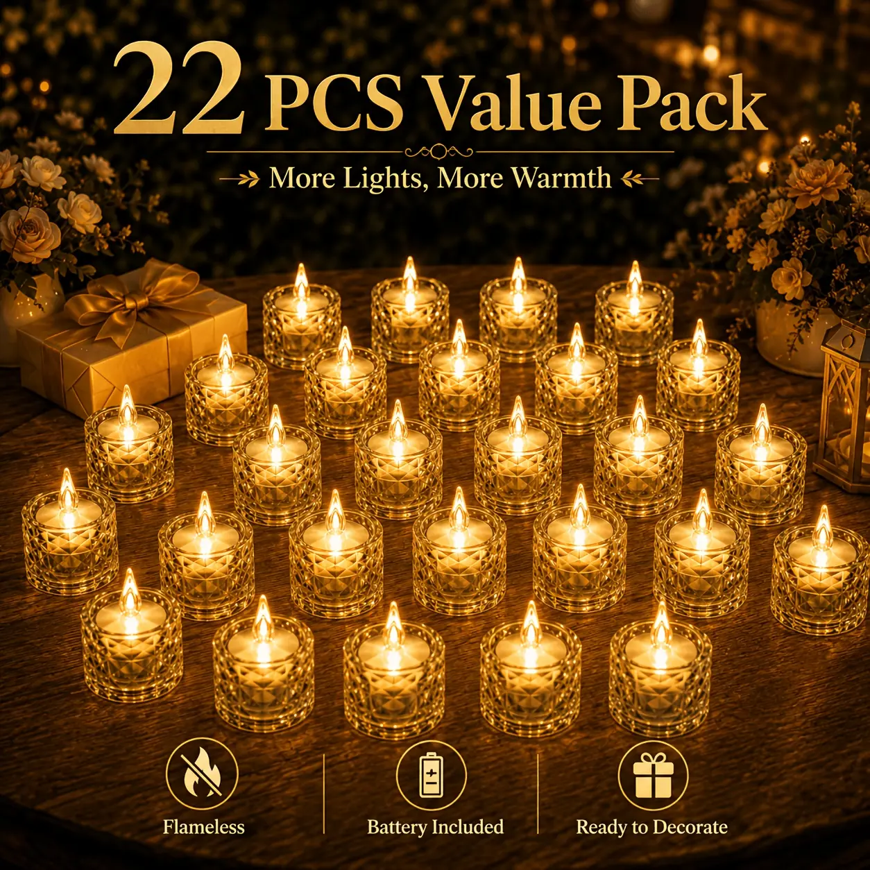 22-Pack Crystal Look LED Mini Tea Candles, Warm White Flicker Effect Flameless Lights, Battery-Powered Decorative Lights for Outdoor Garden, Weddings, Home Decor & Gifts