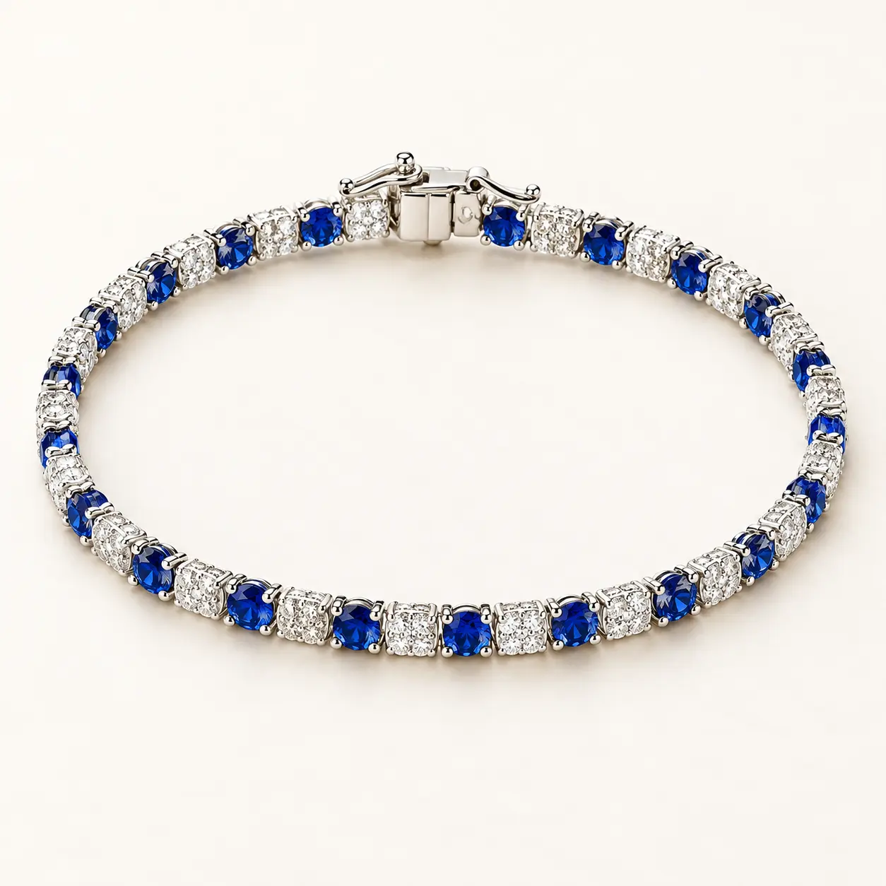 Women's Blue and Clear Stone Tennis Bracelet, Round Blue Accents with Square Sparkling Links, Elegant Statement Bracelet for Everyday Styling, Weddings, Parties, Date Nights and Birthday Gifts