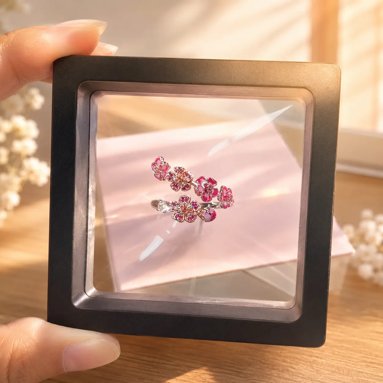 Peach Blossom Ring for Women, Adjustable Pink Flower Ring, Cherry Blossom Jewelry, Cubic Zirconia Floral Ring, Cute Dainty Gift for Girlfriend Wife Daughter, Everyday Fashion Accessory