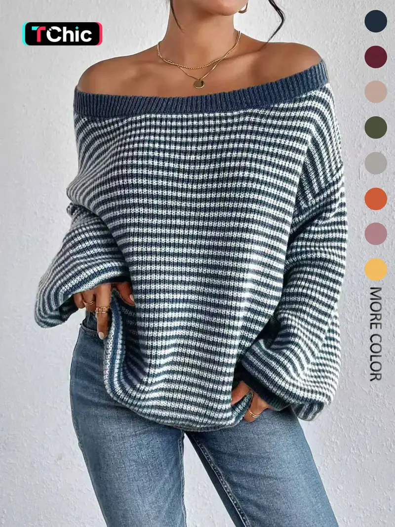 Women's Striped Drop Shoulder Sweater, Casual Bishop Sleeve Boat Neck Jumper for Daily Outdoor Wear, Ladies Knitwear for All Seasons, Womenswear, Tops