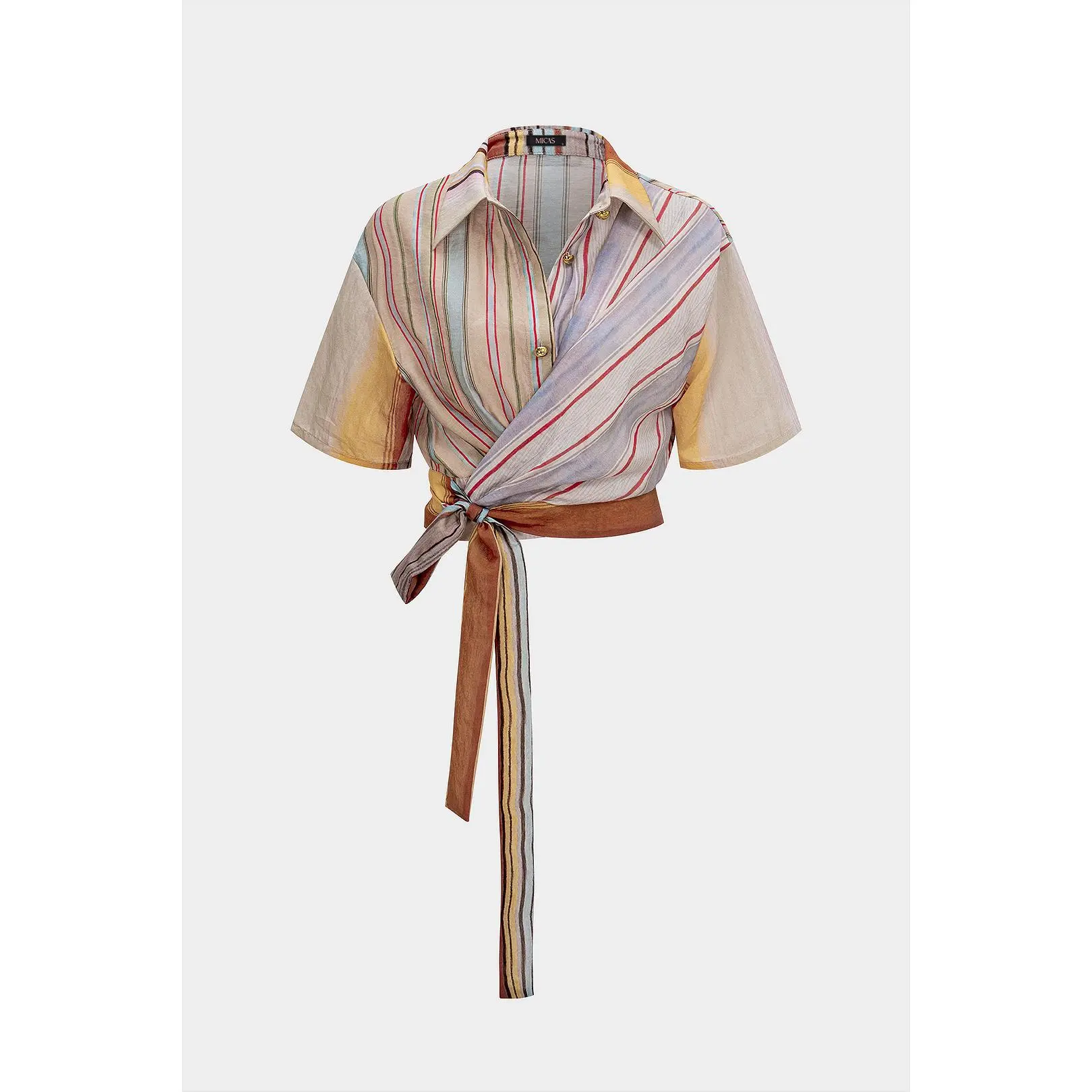 Stripes Print Button Tie-Up Asymmetrical Short-Sleeve Shirt