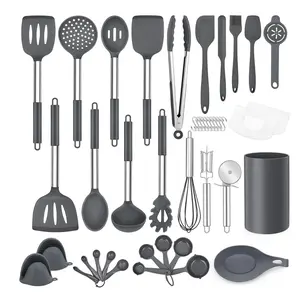 43 Pcs Kitchen Cooking Utensils Set, Silicone Cooking Utensils Spatula Set with Holder, Heat Resistant Kitchen Gadgets Tools for Nonstick Cookware Set, Stainless Steel Handle, Grey