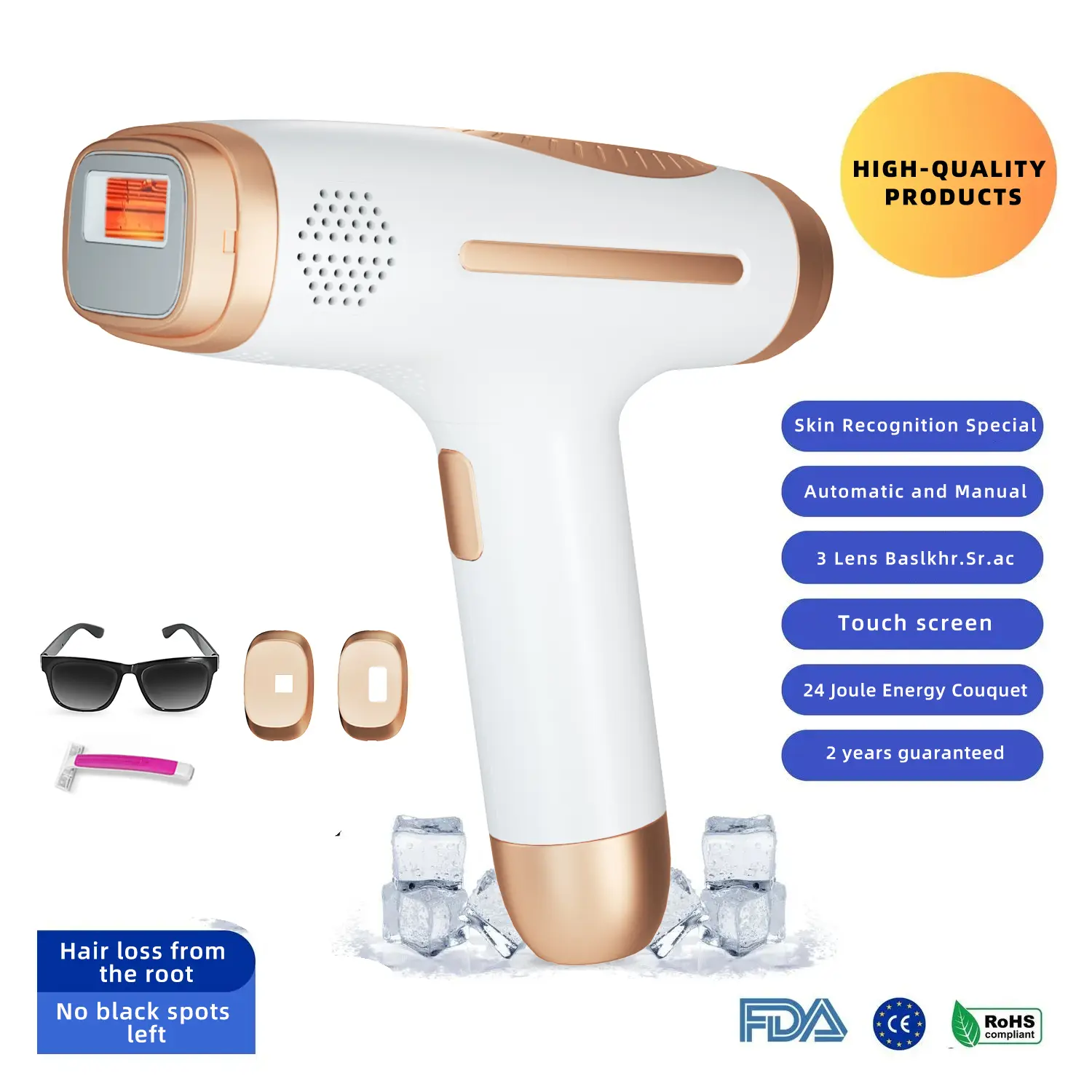 IPL Hair Removal Device with Ice Cooling, At Home Hair Reduction System, Skin Sensor, Auto & Manual Flash, 5 Energy Levels, Painless Full Body Hair Remover for Women & Men, Face, Legs, Bikini & Underarms