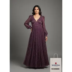 Designer Heavy Georgette Laheriyu Handwork Long Gown | Sabyasachi Style | Wine | Sizes 36–46 | Customizable Colors & Style