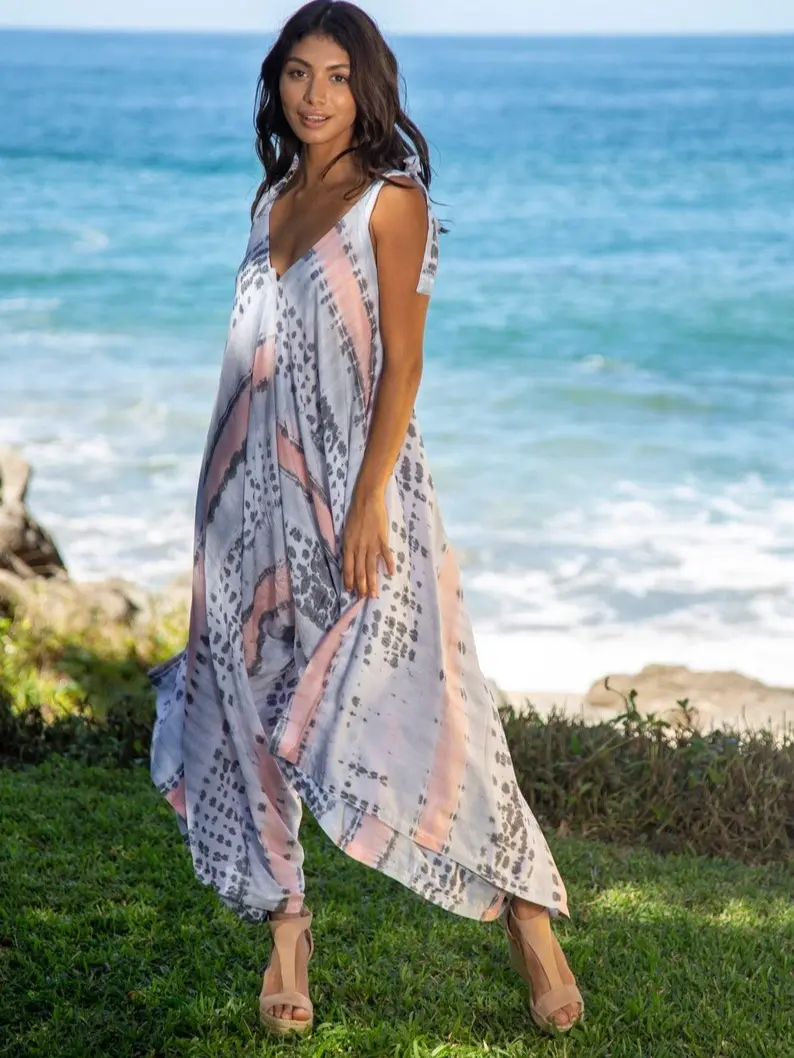 White Harem Jumpsuit Summer Dress, Convertible Beach Cover Resort Wear, Tropical Boho Maxi Dress Bachelorette Gift
