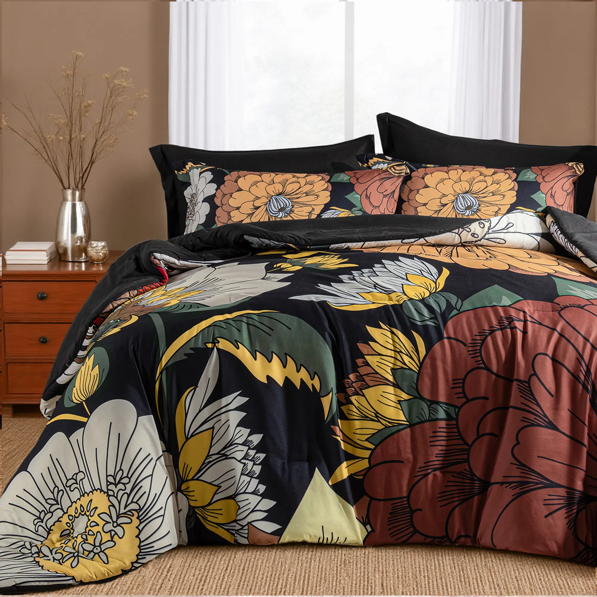 Tyrot Boho Floral Comforter Set King, 3 Piece Botanical Bedding Set, Soft Lightweight All Season Farmhouse Halloween Bedroom Decor