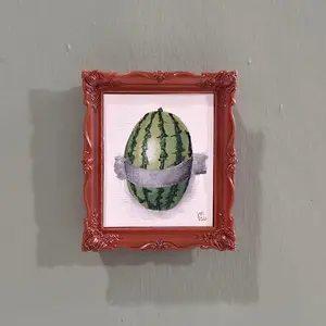 Miniature Art Original Hand Painted Framed Watermelon Taped to Wall Acrylic on Canvas