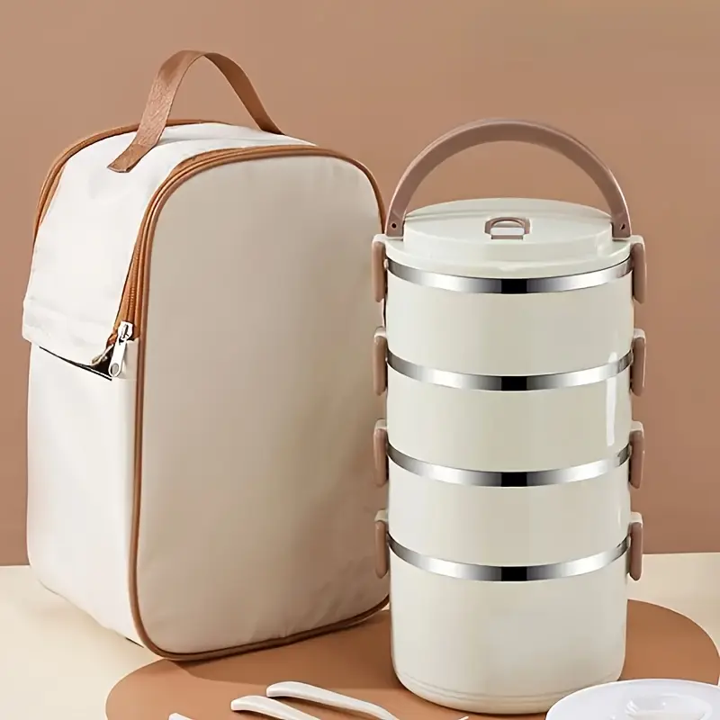 4 Layer Lunch Box With Lid With Complementary Bag & Cutlery Large Capacity Storage Bucket,Stainless Steel,For Camping, Picnic, School, Office, And Outdoor Adventures