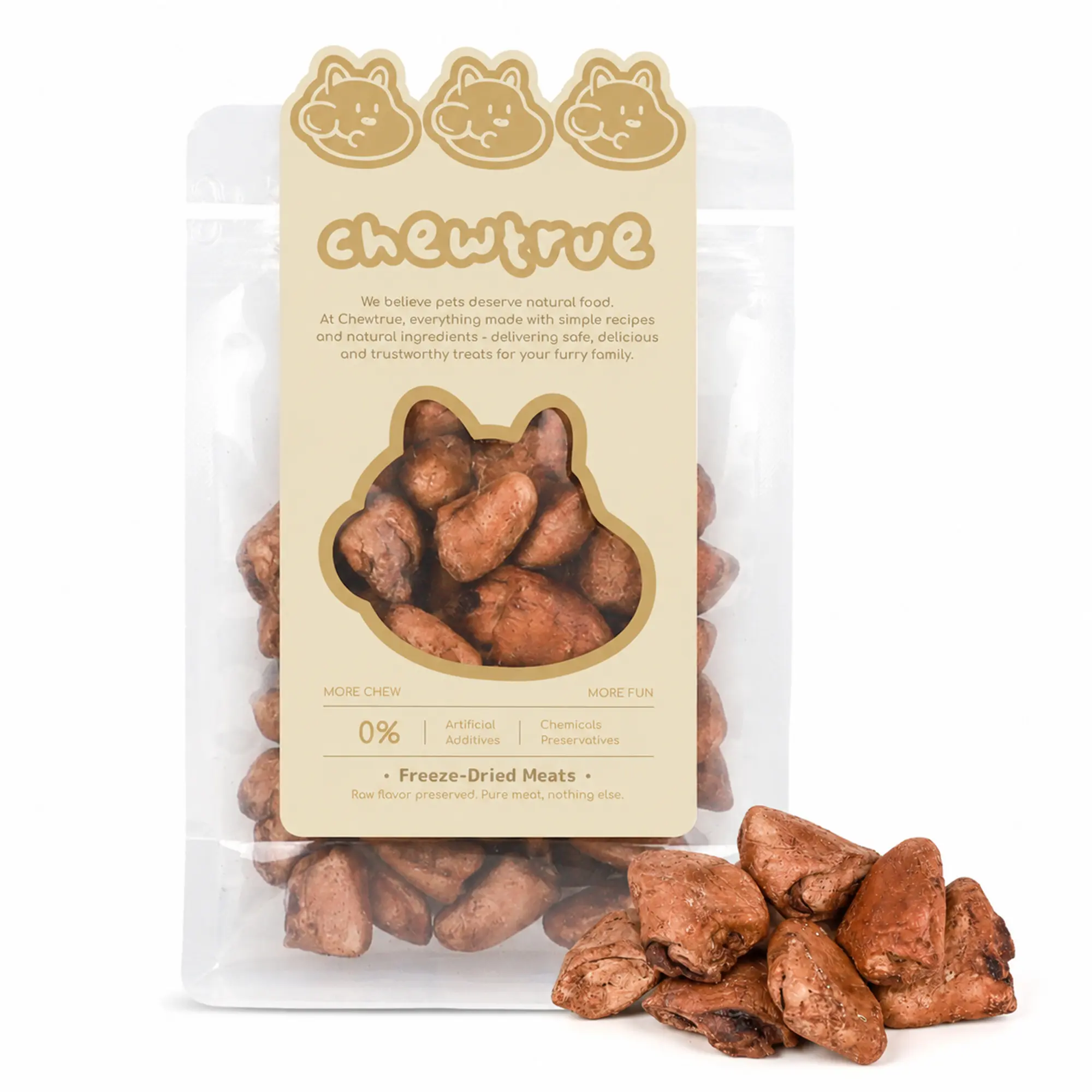 ChewTrue Freeze-dried Chicken Hearts Pet Treats, Rich in Coenzyme Q10 and Taurine, Supports Heart and Retinal Health, High Protein & Low Fat, Easy to Digest, Salt-Free & No Attractants Added, Suitable for Dogs and Cats.（Pack size：60G）