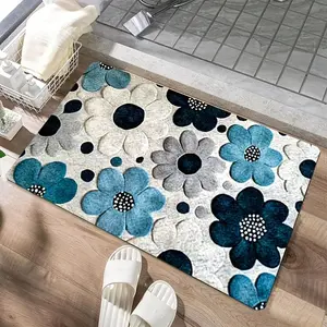 Durable Bathroom Mat, Absorbent Anti-Slip Bottom, Elegant Blue Floral Pattern, Suitable for Shower Area and Bathtub Side