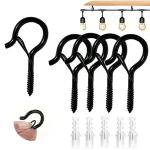 Heavy-Duty Q-Shaped Ceiling Hooks for Outdoor String Lights, Metal Hanging Hooks for Hanging Plants, Patio Lights & Garden Decorations, Wall/Wood Fence/Deck Mount, Multi-Purpose Hanging Hooks (Black/Silver)