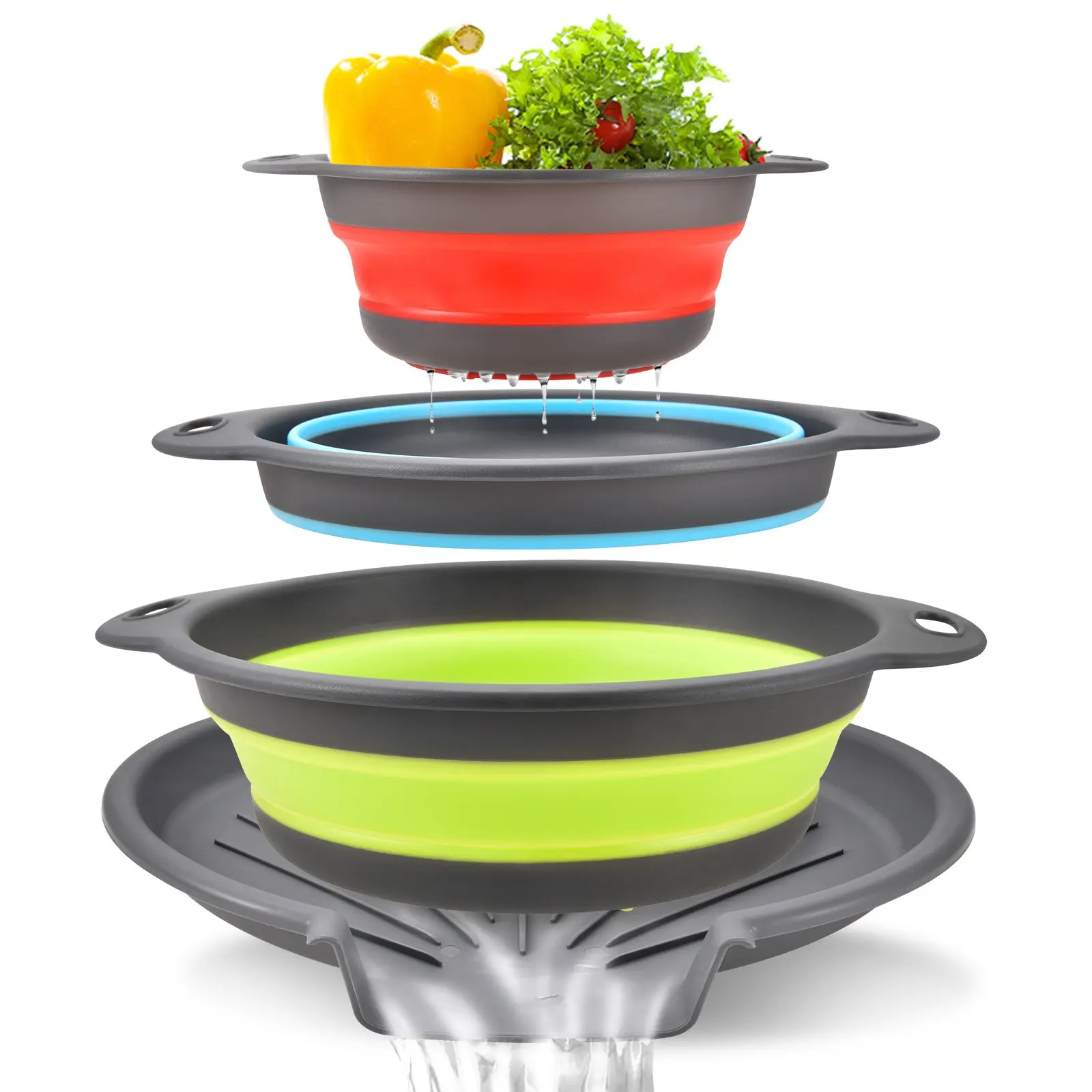 Foldable Food Filter Set (4 Pieces) Collapsible Colanders, Sink Drain Base, Ideal for Pasta, Fruits, Vegetables, Kitchen Essentials
