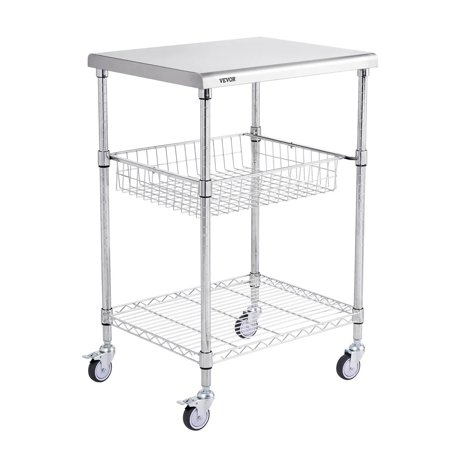 VEVOR Kitchen Utility Cart,  3 Tiers, Wire Rolling Cart with 470LBS Capacity, Steel Service Cart on Wheels, Metal Storage Trolley with 76mm Basket Curved Handle PP Liner 6 Hooks, for Indoor and Outdoor Organiser Racks