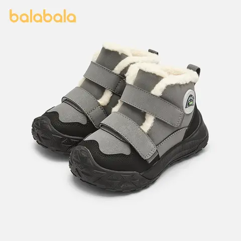 Balabala Preschool Footwear Boys' Fleece-Lined Snow Boots - Tan Grey, Thick Warm, Anti-Slip Synthetic Rubber Sole, Secure Hook-And-Loop Straps, Round Toe, Low Heels, Snug Full-Coverage Upper, Extra Support, Play-Safe 1-2 Years Winter Walking Boots