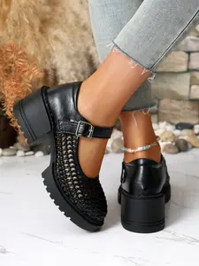 Women's Mesh Mary Jane Shoes, Breathable Hollow Out Thick Sole Chunky Heel Low Top Buckle, Comfortable Casual Loafers, Summer Anti-Slip Office Campus Shoes