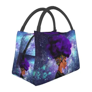 Men's and women's lunch bags, reusable portable insulation bags with black girl patterns, are essential items for outdoor activities, camping, and daily commuting. They are made of safe and durable insulation materials and have a stylish design