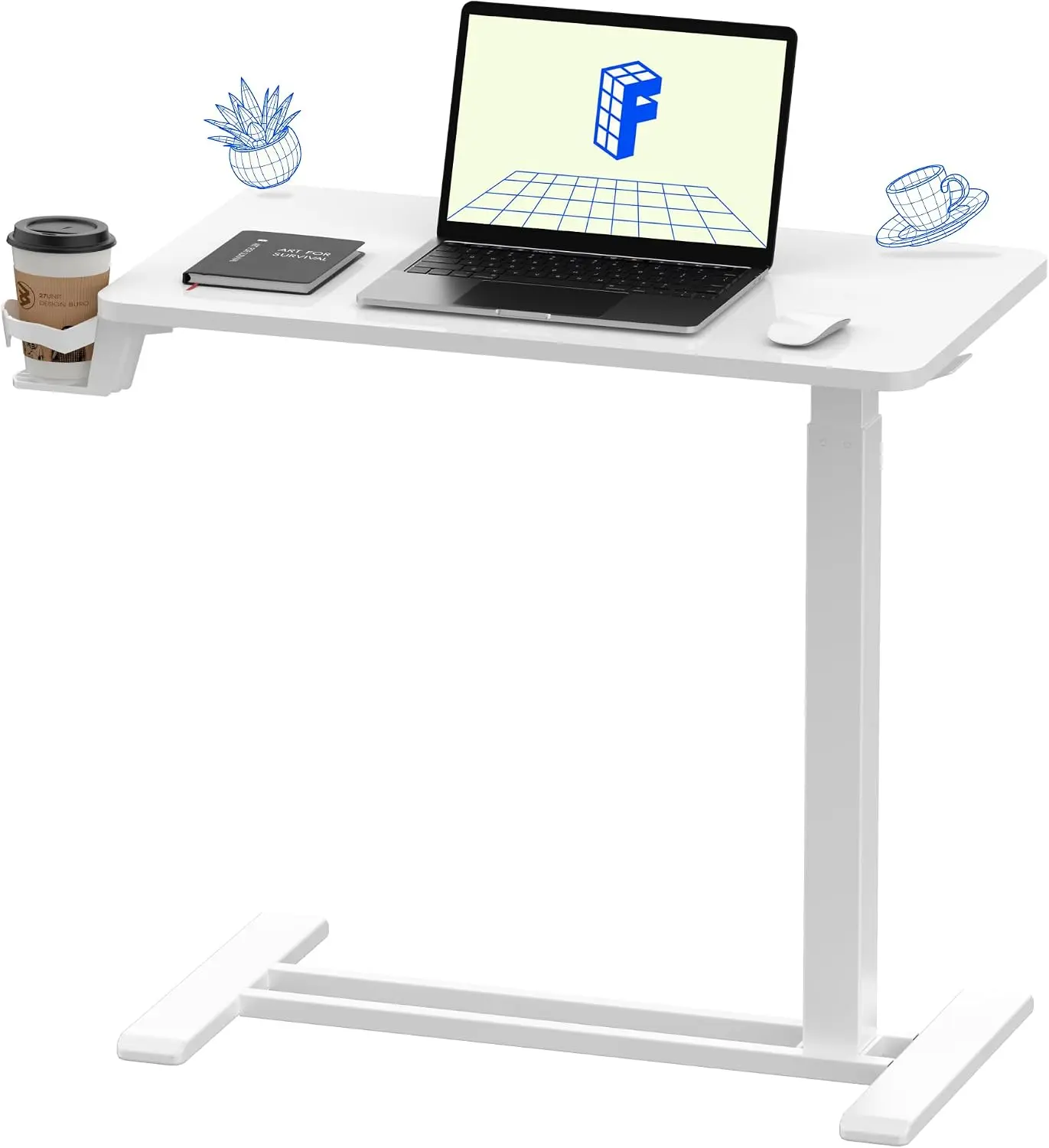 H7 Adjustable Overbed Bedside Table with Wheels Pneumatic Mobile Standing Desk Laptop Desk Rolling Computer Cart Movable Overbed Table Hospital Home Use(27.6" W x 15.7" D, White)