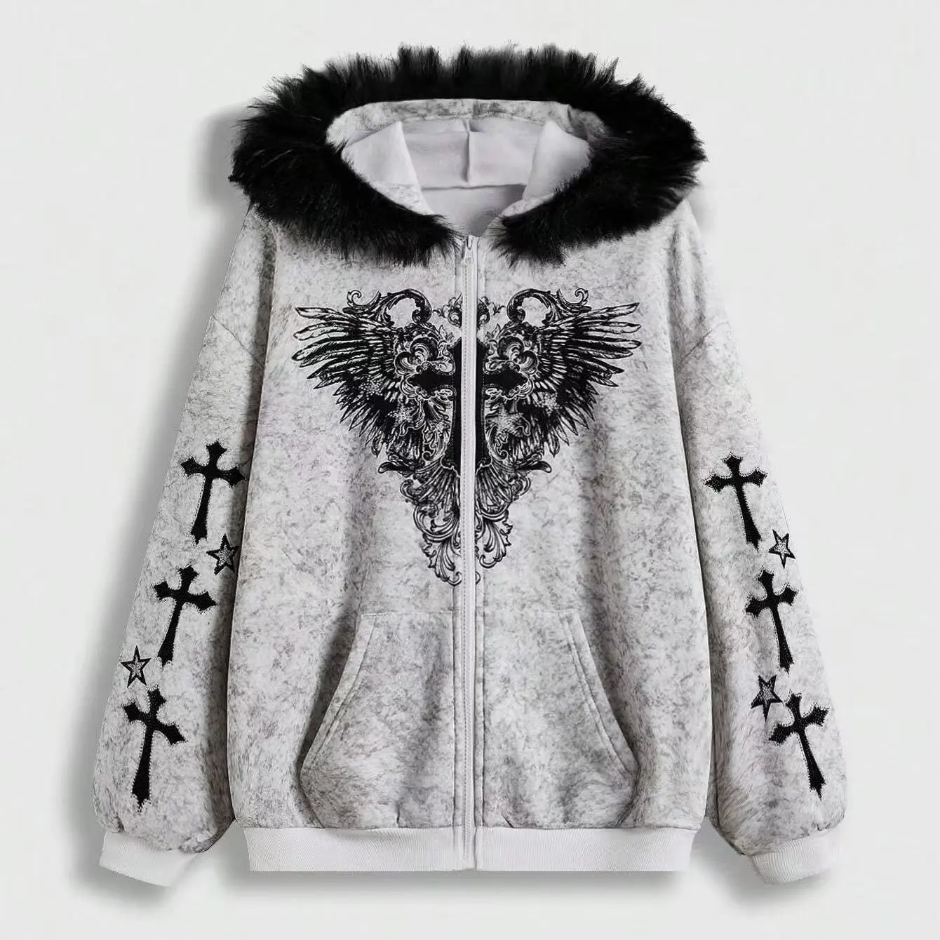 ALIELNOSIRRAH 'Divine Night' Gothic Cross Zip Up Hoodie Faux Fur