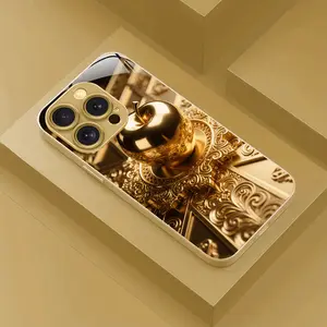 Gorgeous Gold Apple Pattern Metal Coated Tempered Glass Case New - Suitable for iPhone 17 Pro Max Phone Case 17 Air 16E 16 Pro Max 15 Pro Max 15 Plus 14 Plus 13 12 11 Phone Cases,Samsung Galaxy S25 Ultra S22 S23 FE S24 Plus A14 A15 A16 A35 A36 A54 A56