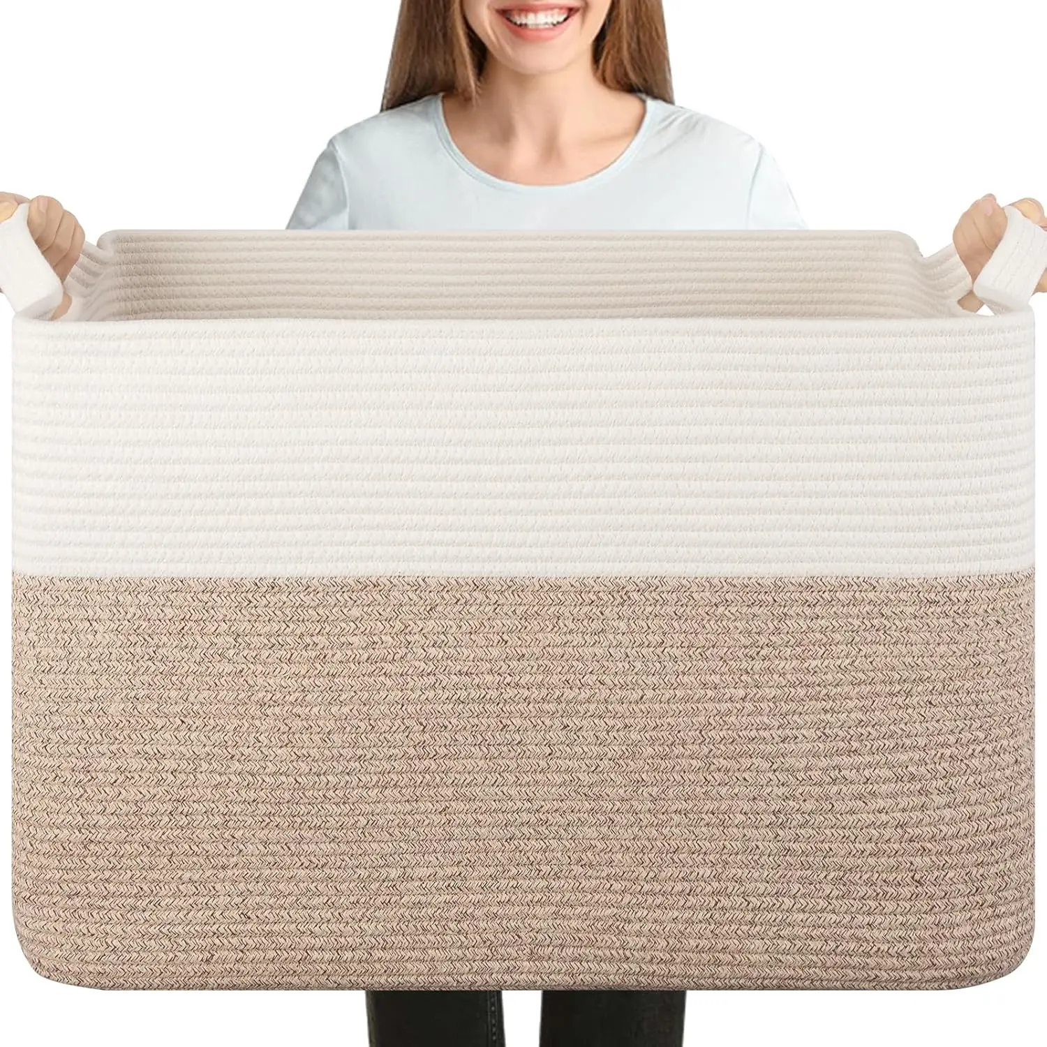 XXXL Supre Large Blanket Basket for Storing Clothes, Towels, Pillows, 108L Cotton Rope Living Room Storage Basket, Supre Large Children's Woven Toy Storage Basket, 25inch x 16inch x 16inch cm, Brown and White