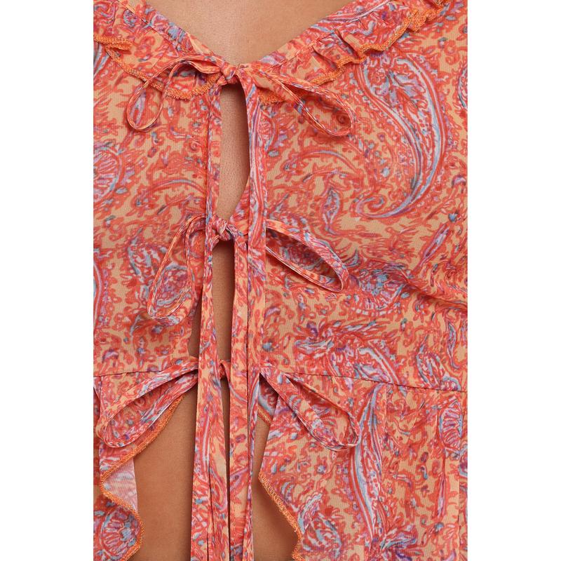 Isolt Tie Front Top - Orange Paisley