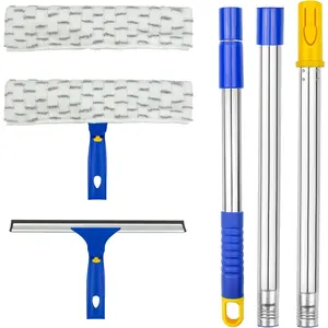 Window Washing Kit with Extension Pole, 10"  & 11" Microfiber  Combi with Stainless Steel Pole, Window Cleaner for , Sliding Door,Shower Glass Door-Swivel Style-2 Pads