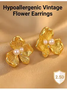 Women's Hypoallergenic Vintage Textured Flower Pearl Stud Earrings, Gold Plated 3 Petal Floral Pearl & Rhinestone Inlaid Dainty Earrings, New Chinese Style Fashion Jewelry for Everyday Wear Office Wedding & Gift