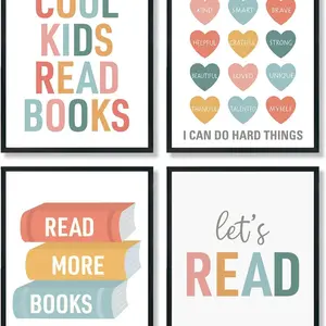 4 Piece Frameless 8x10 Inch Macaron Color Kids Reading Inspirational Wall Art Poster, American Cartoon Style, Classroom Decor, Teacher Gift