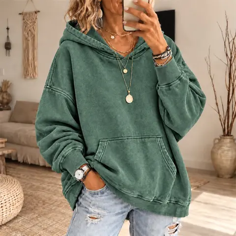 Women’s Vintage Washed Oversized Hoodie, No Drawstring Long Sleeve Pullover Sweatshirt, Relaxed Fit Casual Hooded Top with Kangaroo Pocket for Fall Winter Daily Wear