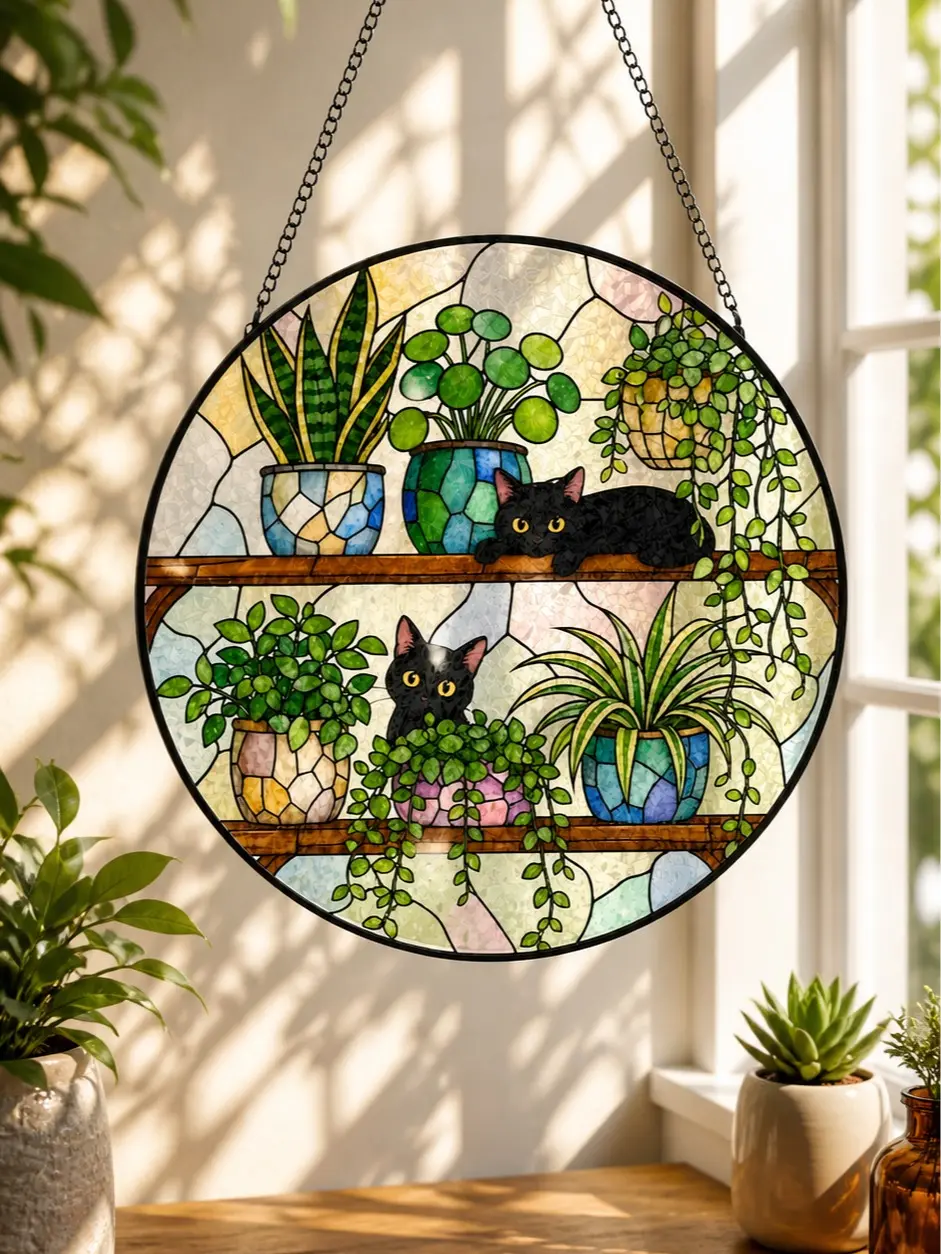 Black Cat Stained Glass Suncatcher, Plant Shelf Window Hanging, Botanical Cat Glass Decor, Round Sun Catcher, Cat Lover Home Accent