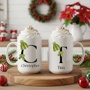 Christmas Initial Mug, Santa Mug, Personalized Custom Letter with Scarf and Hat, Holiday Coffee Mug, Gift Ideas for Holidays, Coworker Mugs