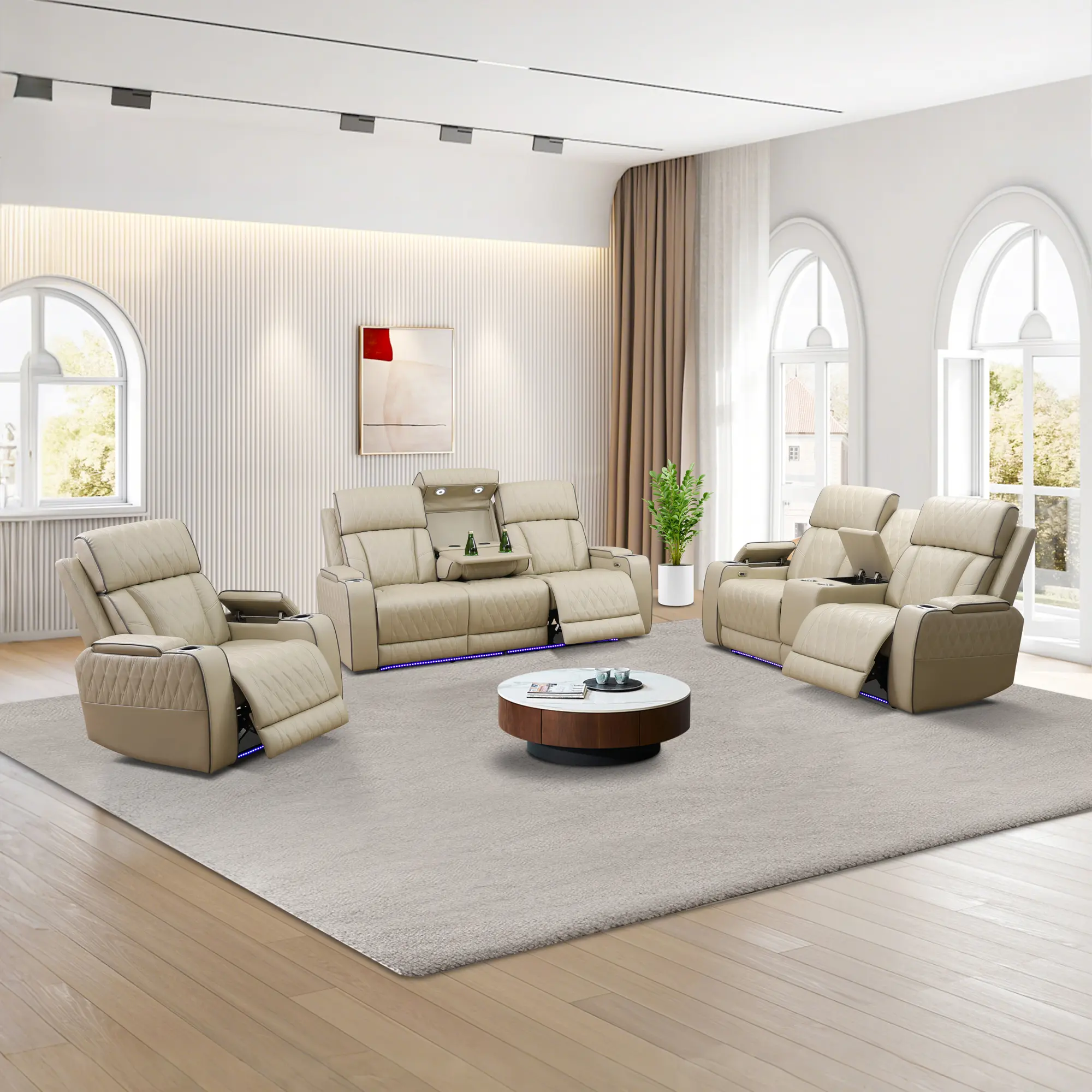 3-Piece Power Reclining Sectional Sofa Set, Luxury Black Breathing Leather Ergonomic Recliner with LED Lights & USB Charging Cup Holder, Indoor Furniture Living Room Sets