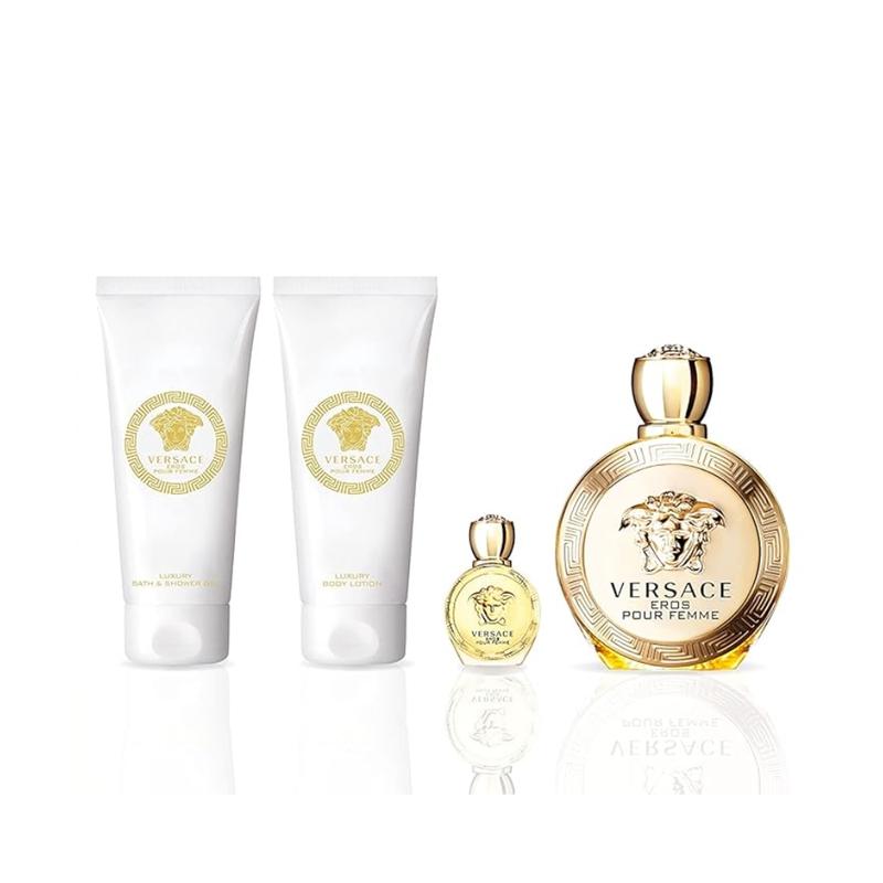 Versace Eros Pour Femme 4-Piece Gift Set | Eau de Parfum 3.4 oz + Body Lotion 3.4 oz + Shower Gel 3.4 oz + Mini Spray 0.17 oz