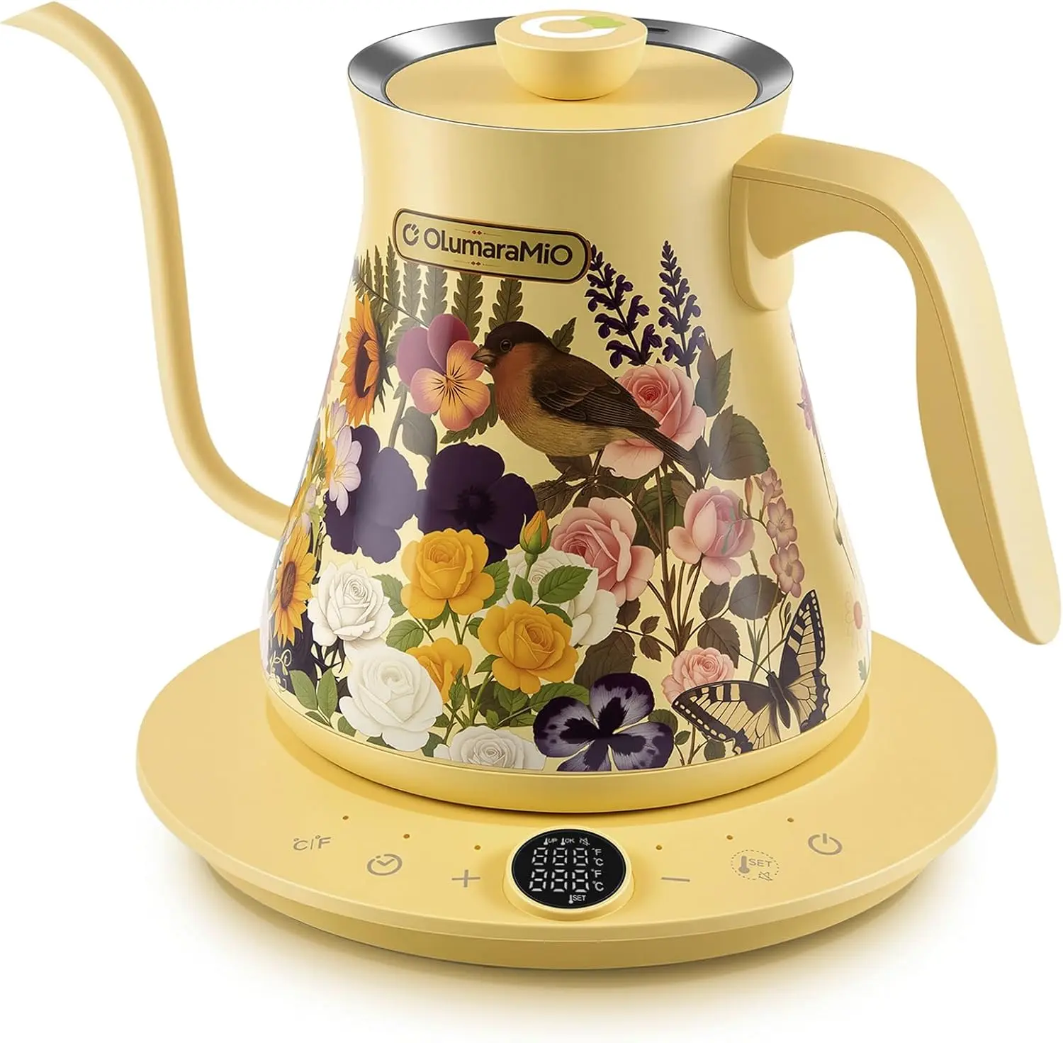 Olumaramio 0.8L/27oz Gooseneck Electric Kettle - ±1℉ Precise Temperature Control for Pour Over Coffee & Tea, 1200W Fast Heating, Auto Shut-Off, Built-in Brew Timer, BPA-Free Stainless Steel, Floral