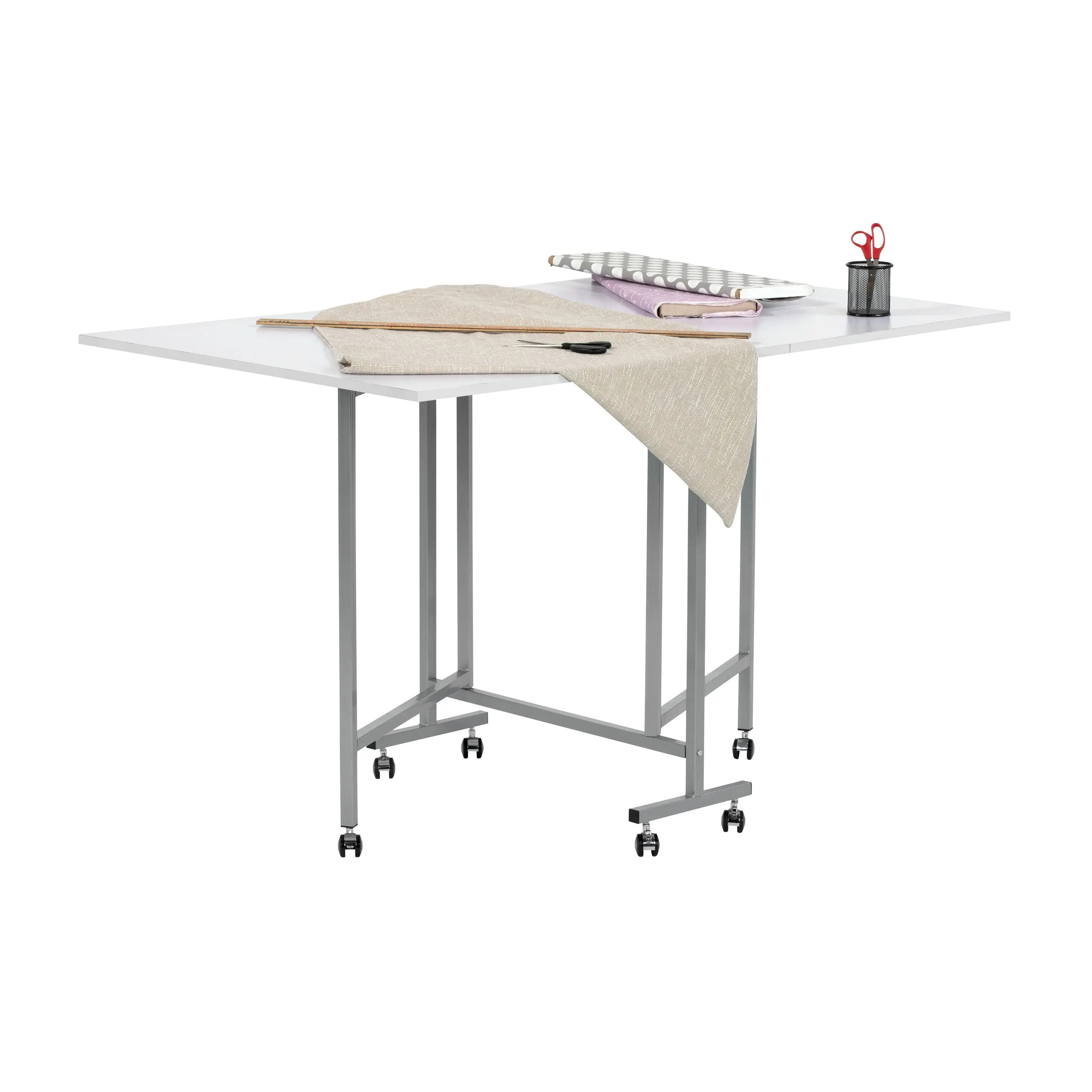 Mobile Folding Expandable Craft and Cutting Table Standing Height- 58.75" W x 36.5" D x 36.5" H - Silver/White 13371