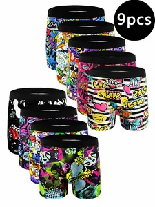 9-Pack Men's Fashion Boxers, Boxing Sports Underwear, Stylish Print Briefs, Boxer Briefs Set, Soft, Breathable, Durable, High Elastic, Suitable for Casual Sports