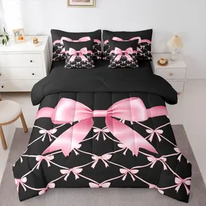 Pink Bow 7 Piece Bedding Set Cute Ribbon Bow Comforter Set with Sheets for Kids Boys Girls Black Pink Bed in a Bag Princess Style Bed Set Soft Lightweight