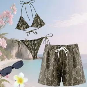 Matching Bottomland Camo Couples Swimwear, Bikini Tie Side Thong & Men’s Beach Shorts Set, Hawaiian Style Swimsuit, His and Hers Beachwear Matching Couple Swimwear Set