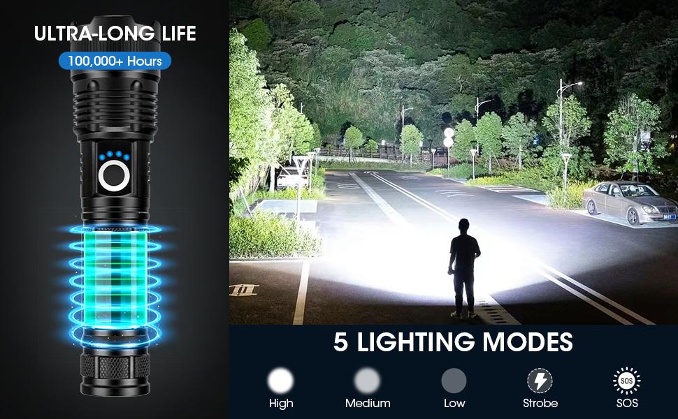 99,000 Lumens Rechargeable LED Flashlight | Ultra Bright High Lumens Flash Light with 5 Lighting Modes | Powerful IPX7 Waterproof Handheld Torch for Camping, Hiking, Home & Power Outages | Must-Have Outdoor & Emergency Gift daily corner