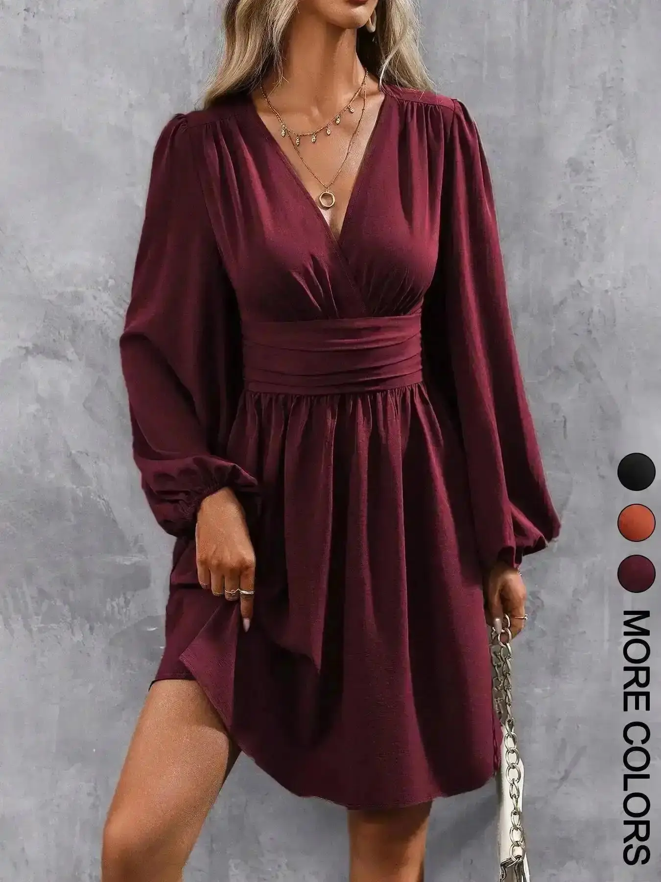 2026 Women's Plain Deep V Neck Dress Casual Bishop Sleeve A Line Mini for Spring Fall Layering Y2K Flowy Tunic Dresses, Transitional Wear, Day Out, Weekend Wear, Trending Now, Everyday, Nostalgic, Picnic Ready