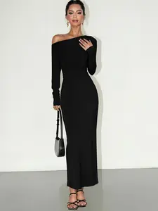 Elegant Chic Women's Long Sleeve Knit Asymmetrical Neckline Bodycon Dress, Slim Fit Side Ruched Split Thigh Design, Perfect for Spring Evening Wear