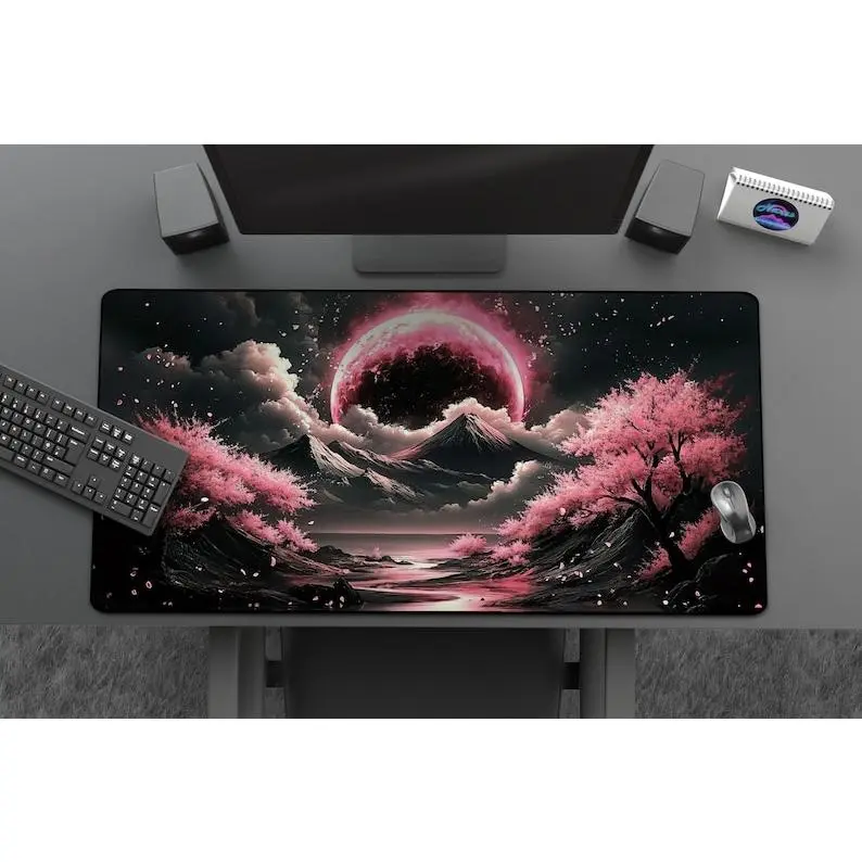 Celestial Cherry Blossom Playmat, Pink & Black TCG Playmat, Fantasy Nature MTG Mat With Card Zones