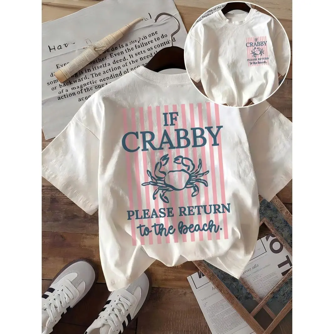 If Crabby Please Return To The Beach Graphic Tee Women Cute Crab Stripe Print Oversized Crewneck Short Sleeve Casual Summer Vacation Beach Outfit Top