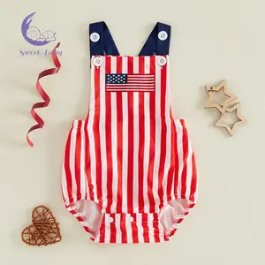 Baby 4th of July Overalls Flag Embroidery Striped Girls Sleeveless Jumpsuit Suspender Pants for Toddler