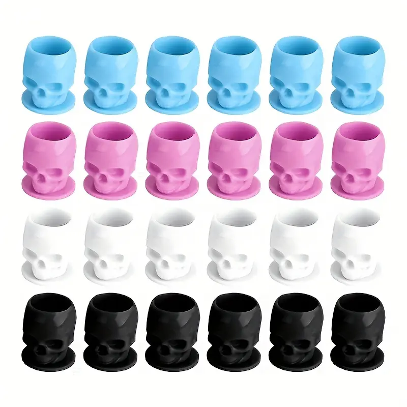 Multi-color Skull Tattoo Cups with Base (100/50pcs) - Vibrant Blue,Pink,White,Black Designs,Durable Easy-to-Clean Material,Hygienic,Single-Use/Reusable,Cosmetics Compatible - For Tattoo Studios,Home Use (No Batteries/Power), Tattoo Supplies, Assorted Temp