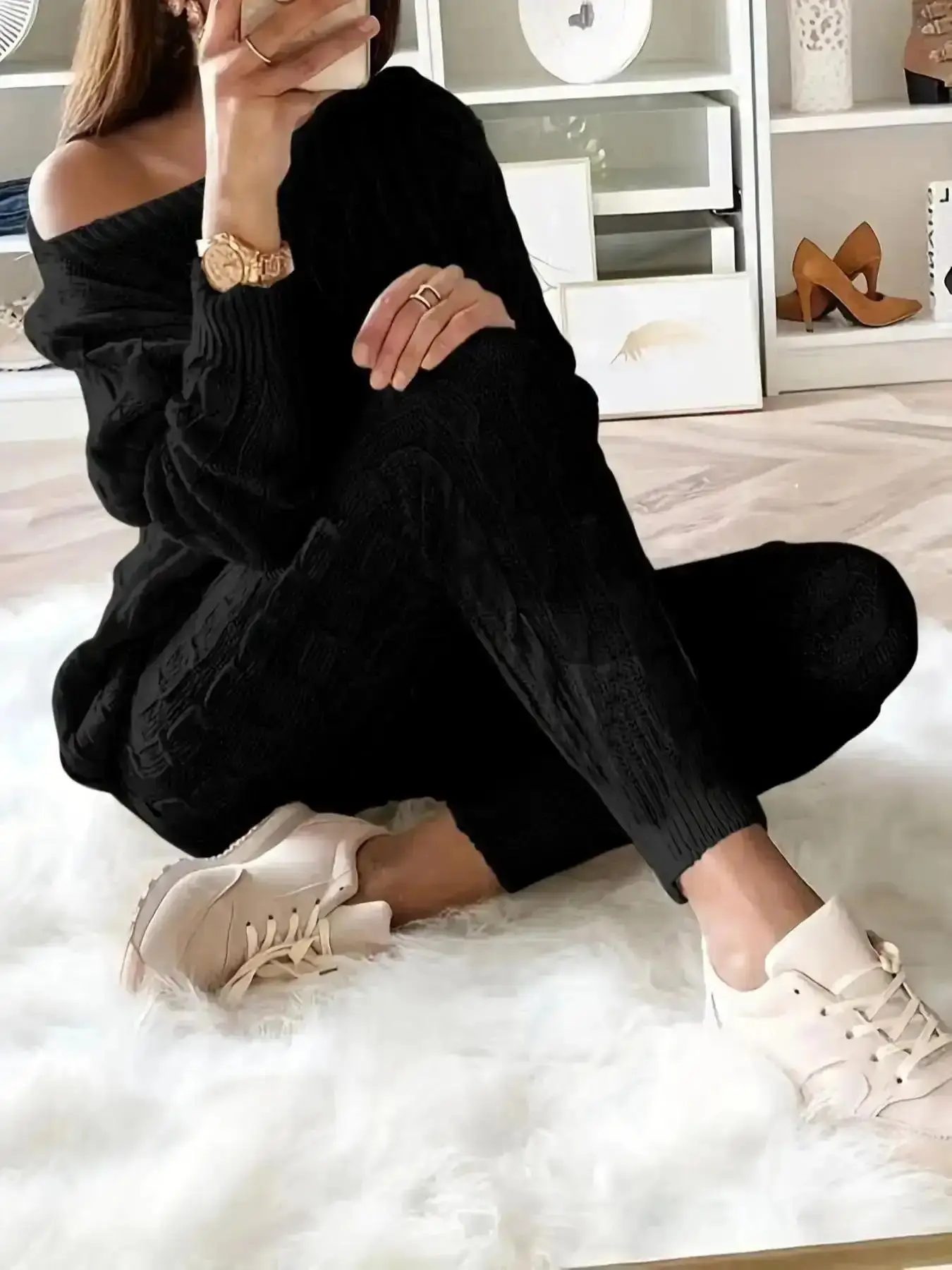 Women's Solid Fitted Sweater & Pants Set, Casual Fashion Cozy Everyday Long Sleeve Top & Trousers for Fall, 2 Piece Sets Women, Women's Fall Knitwear Outfits, Sweater Sets, Sweater Co-ords, Style, Lightweight, Modern